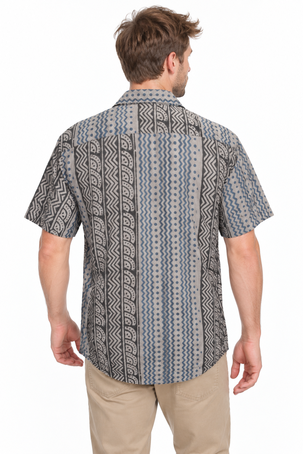 Blue Tribal Stripes men's Hawaiian shirt — model back