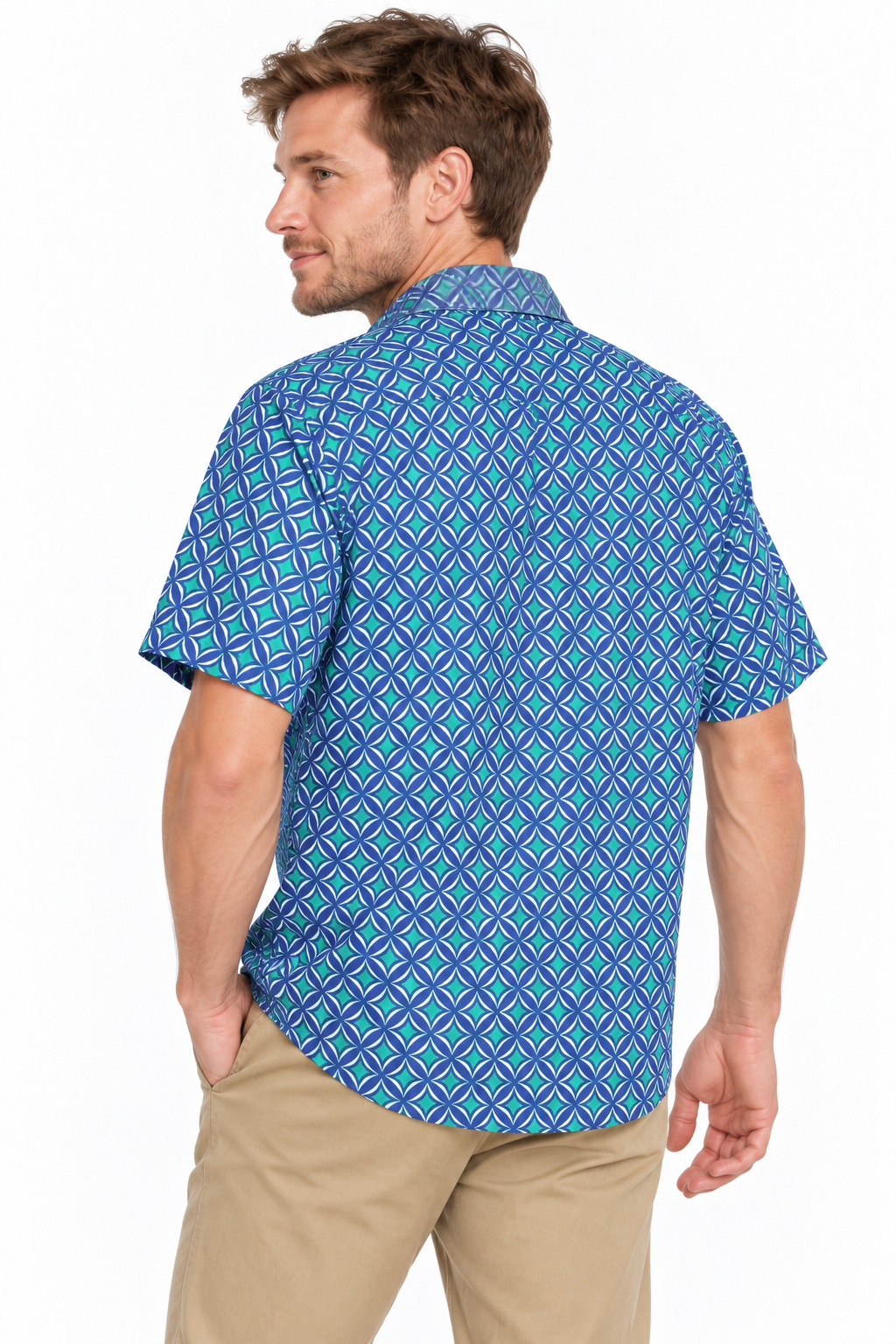 Blue Violet Lattice men's Hawaiian shirt — model three-quarter back