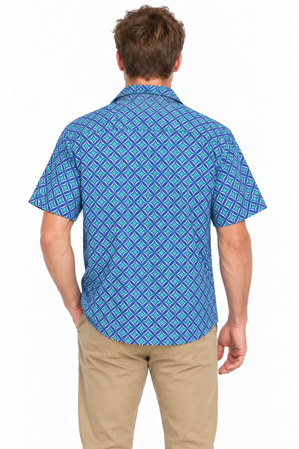 Blue Violet Lattice men's Hawaiian shirt — model back