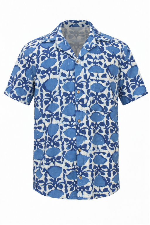 Cobalt Flower Vines men's Hawaiian shirt — ghost mannequin front