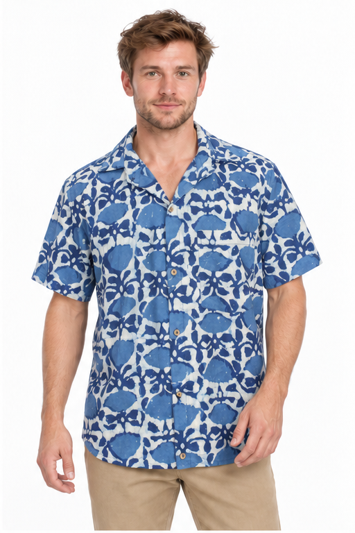 Cobalt Flower Vines men's Hawaiian shirt — model front