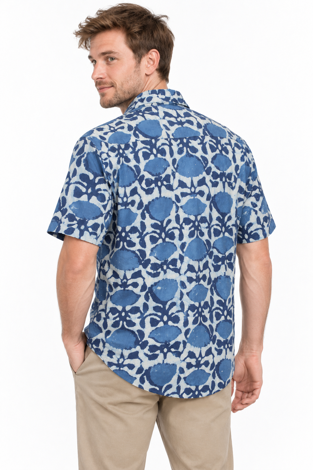 Cobalt Flower Vines men's Hawaiian shirt — model three-quarter back