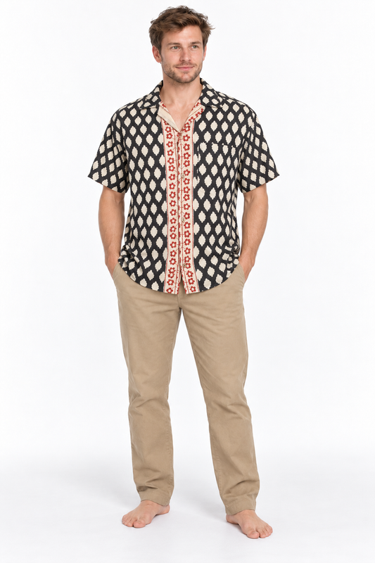 Diamond Ikat with Red Trim men's Hawaiian shirt — model front