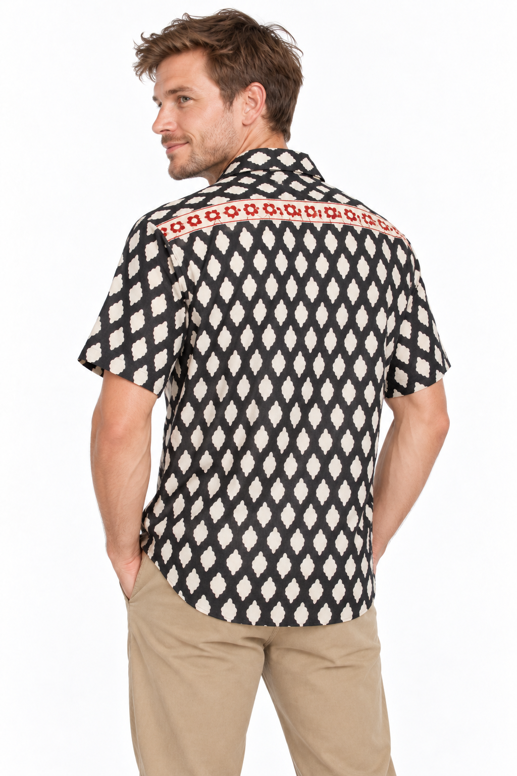 Diamond Ikat with Red Trim men's Hawaiian shirt — model three-quarter back