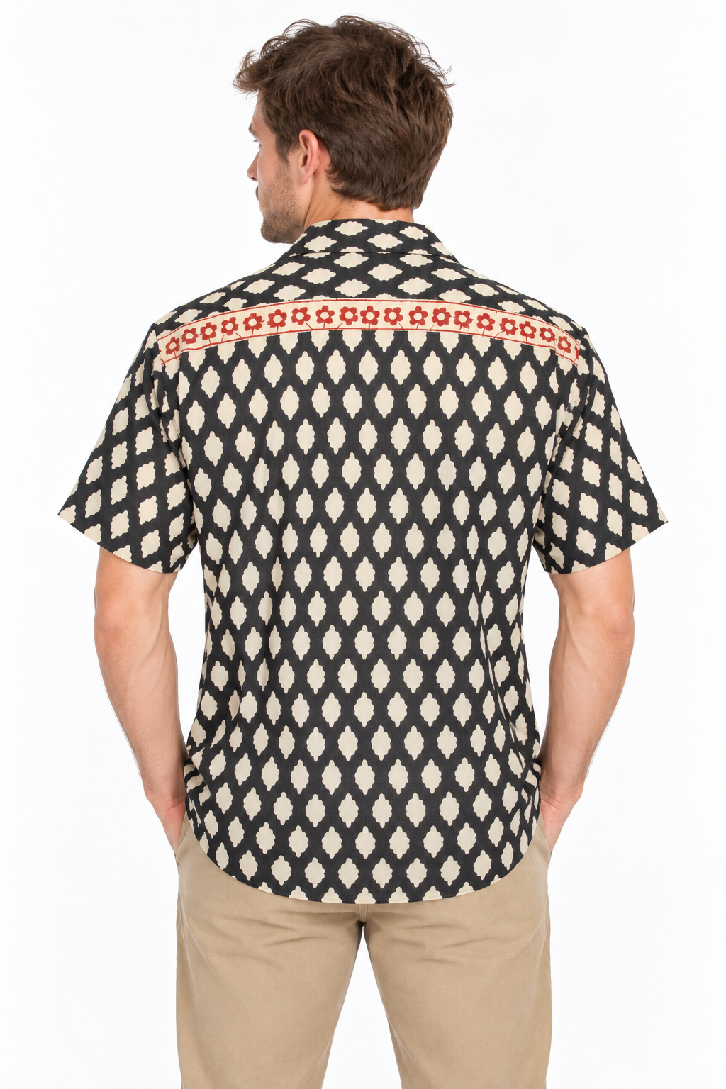 Diamond Ikat with Red Trim men's Hawaiian shirt — model back