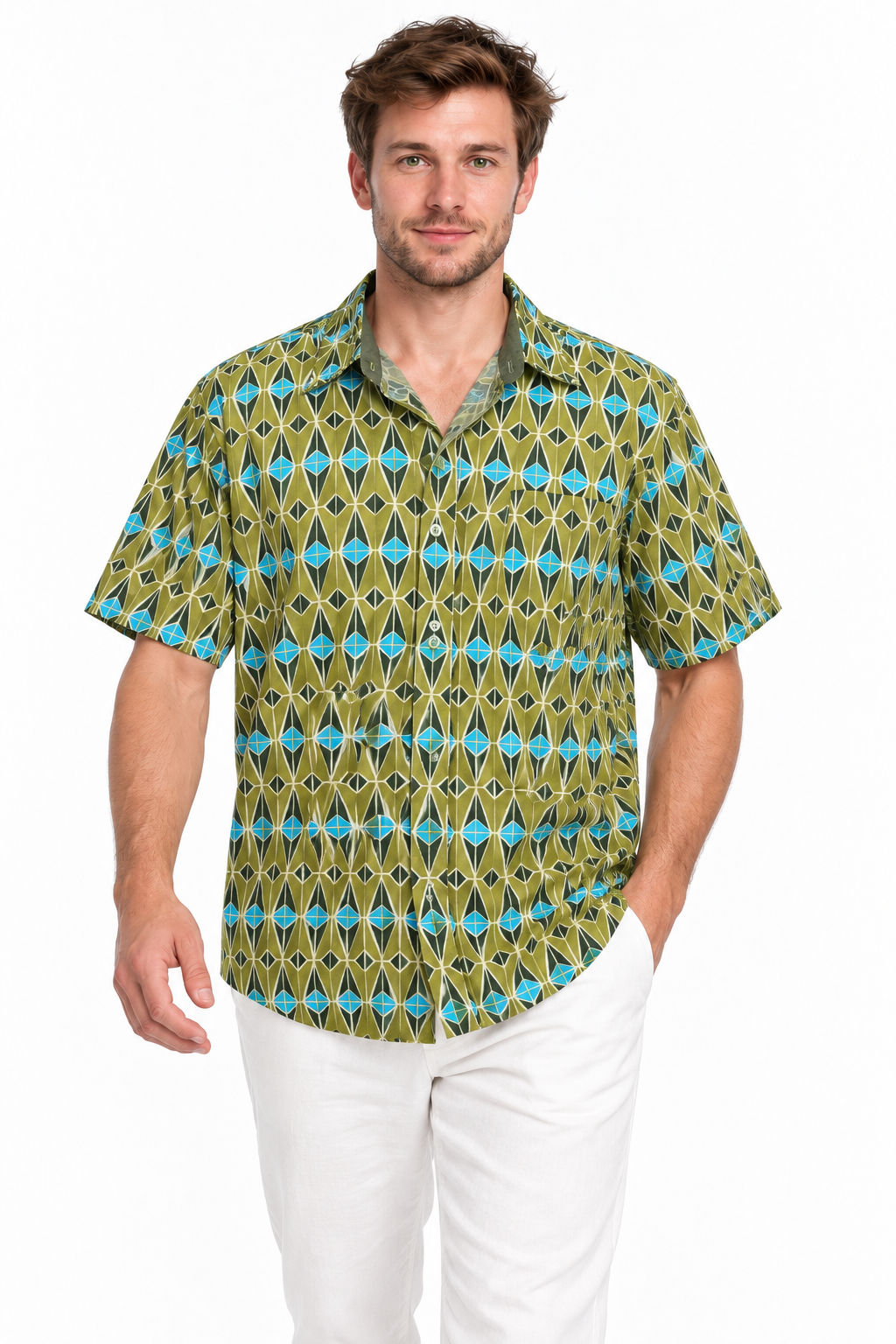 Diamond Mosaic men's Hawaiian shirt — model front