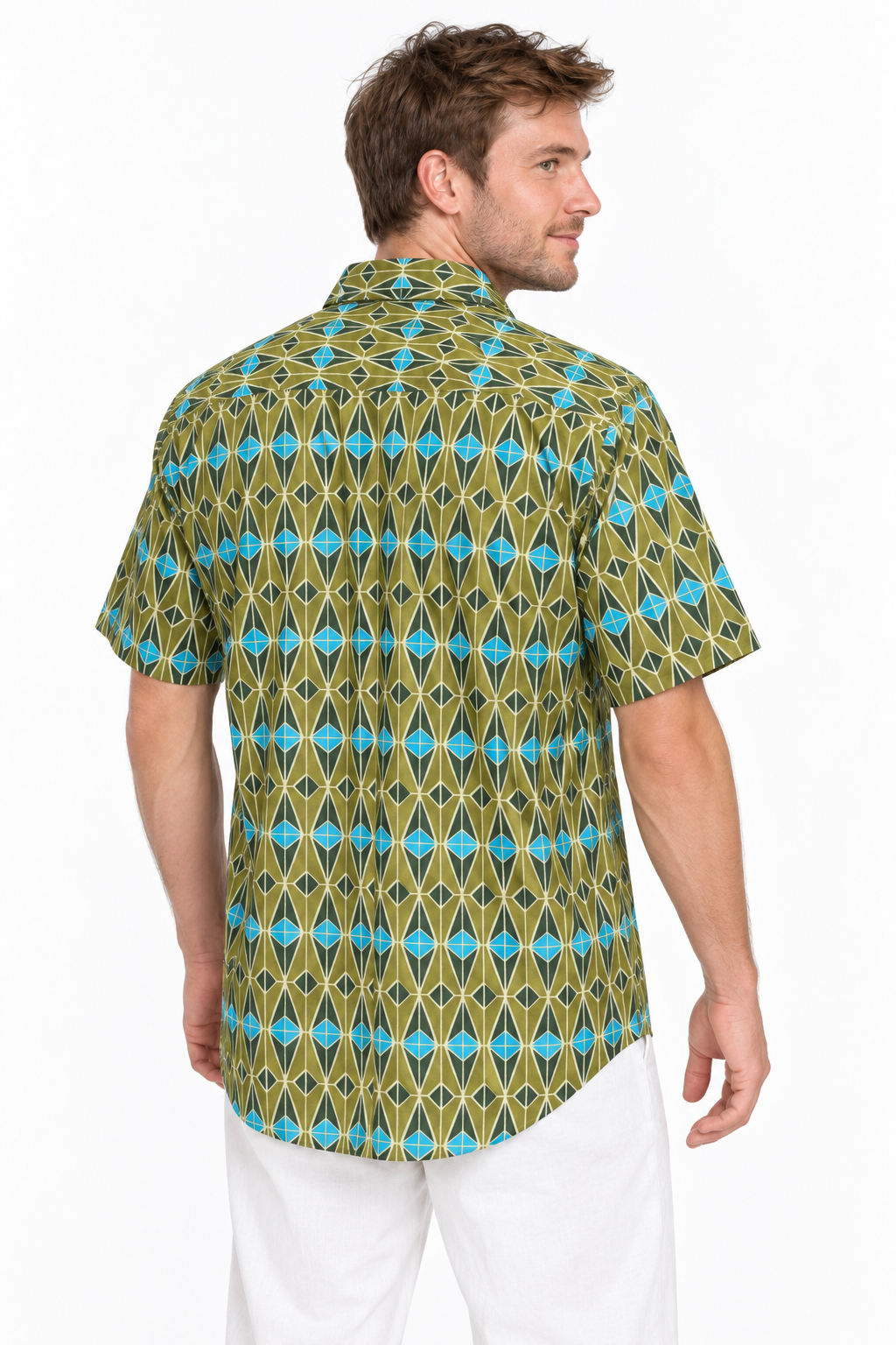 Diamond Mosaic men's Hawaiian shirt — model three-quarter back