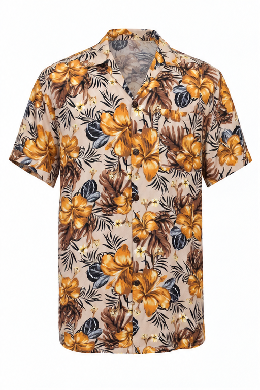 Golden Hibiscus Garden men's Hawaiian shirt — ghost mannequin front