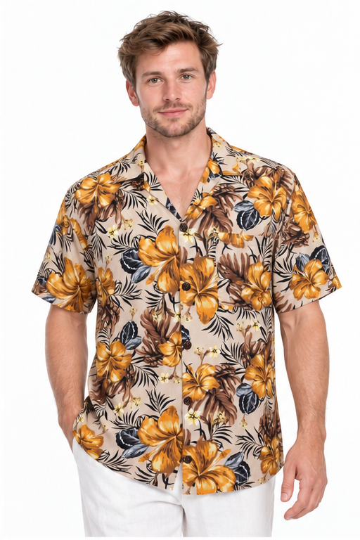 Golden Hibiscus Garden men's Hawaiian shirt — model front