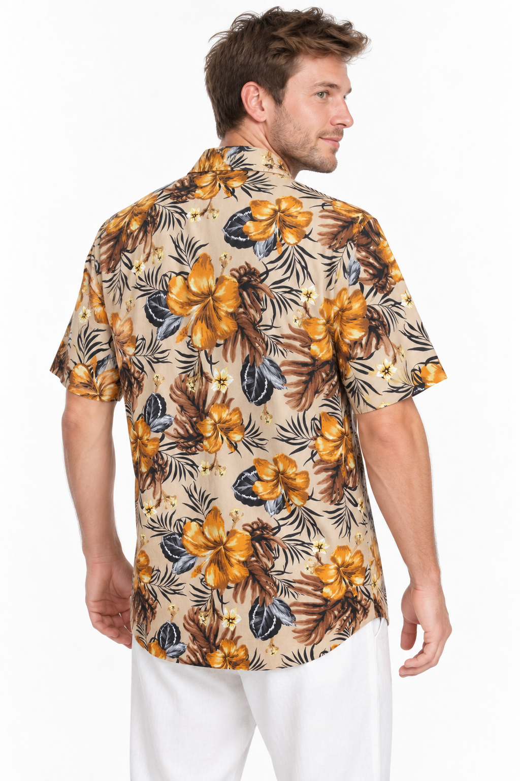 Golden Hibiscus Garden men's Hawaiian shirt — model three-quarter back