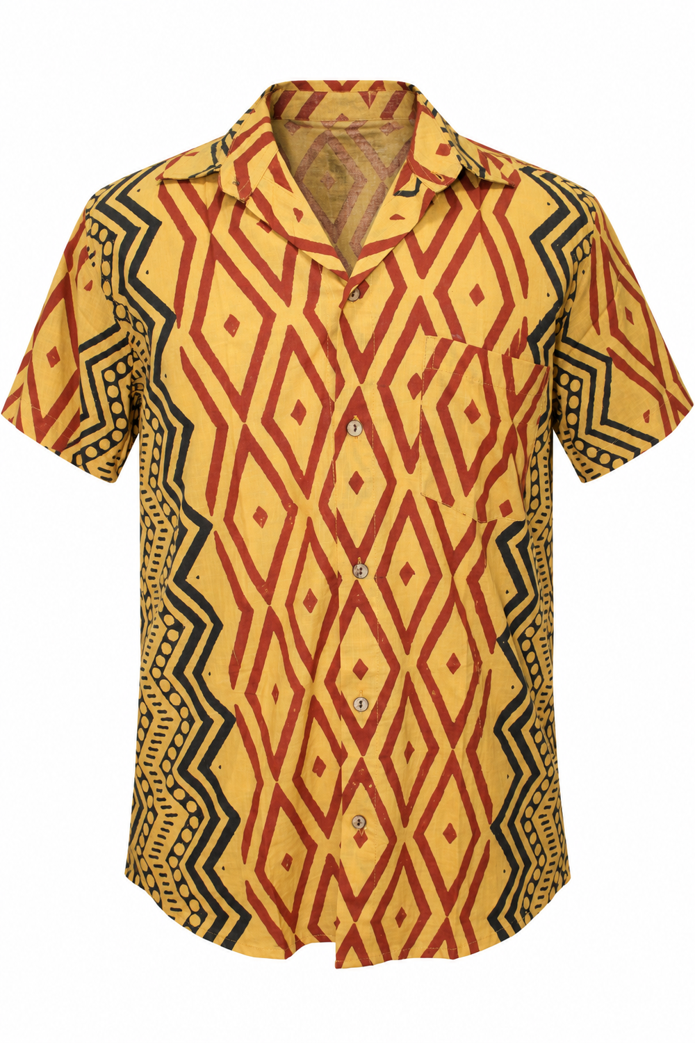 Golden Tribal Diamonds men's Hawaiian shirt — ghost mannequin front