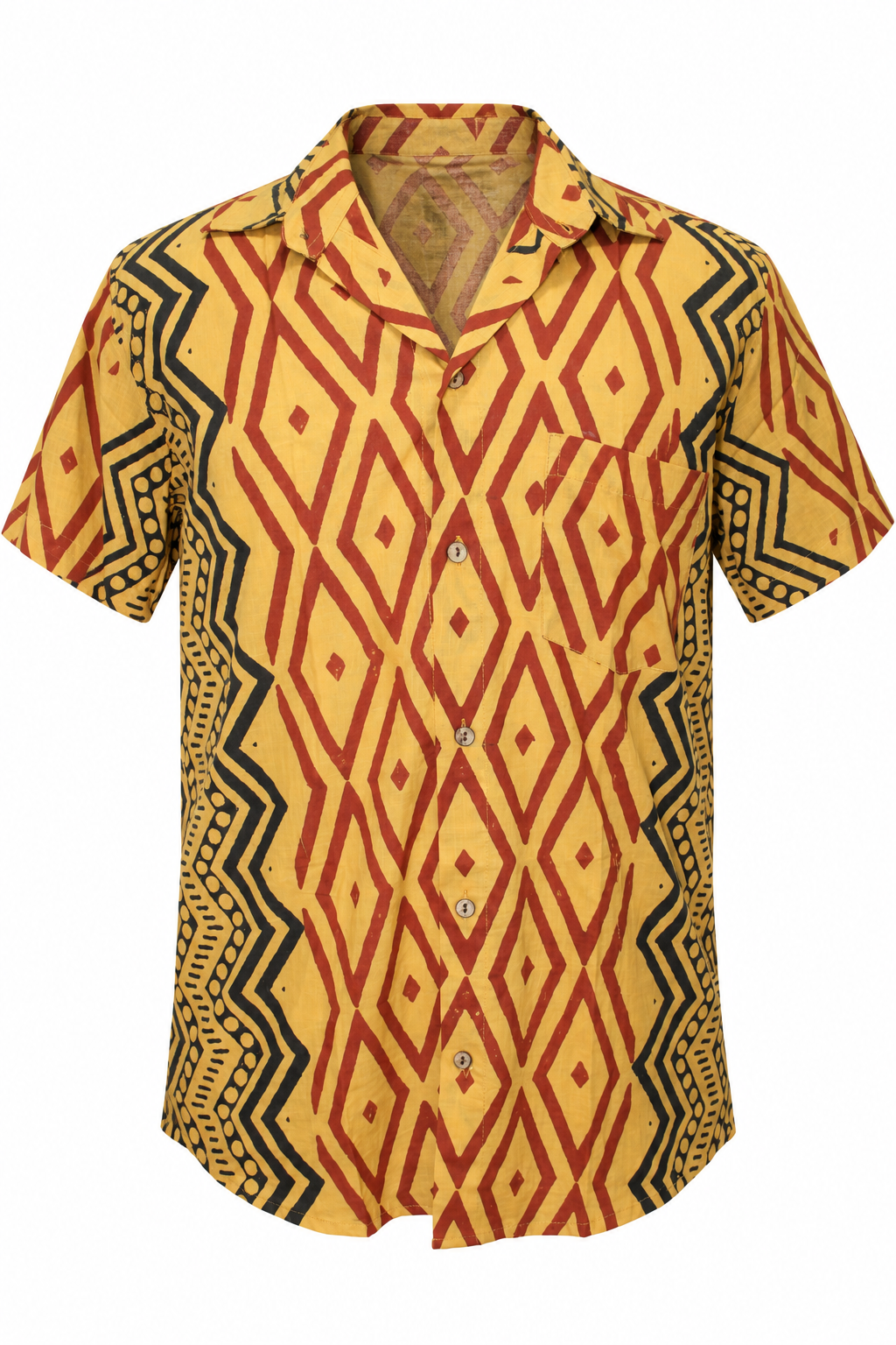 Golden Tribal Diamonds men's Hawaiian shirt — ghost mannequin front