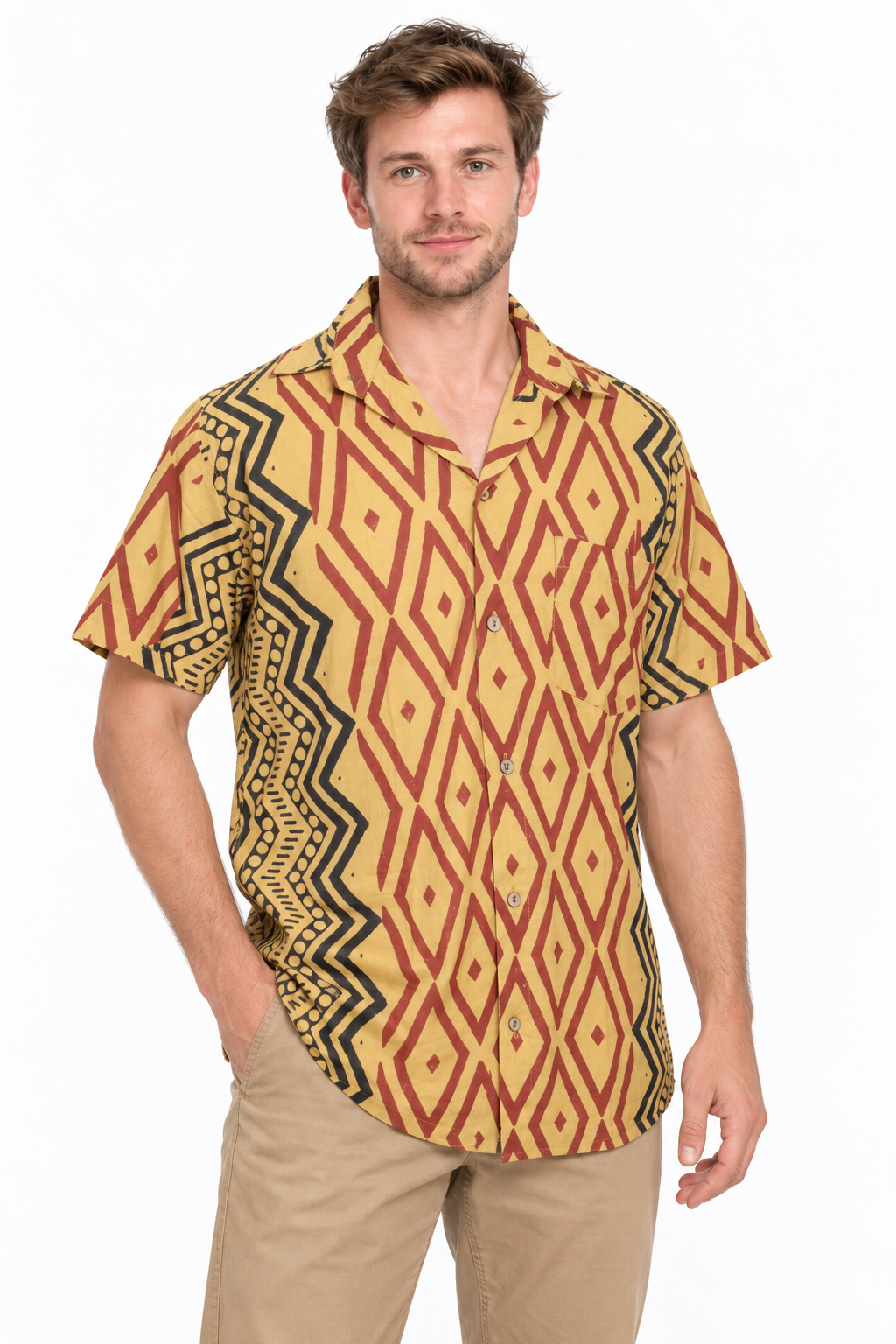 Golden Tribal Diamonds men's Hawaiian shirt — model front