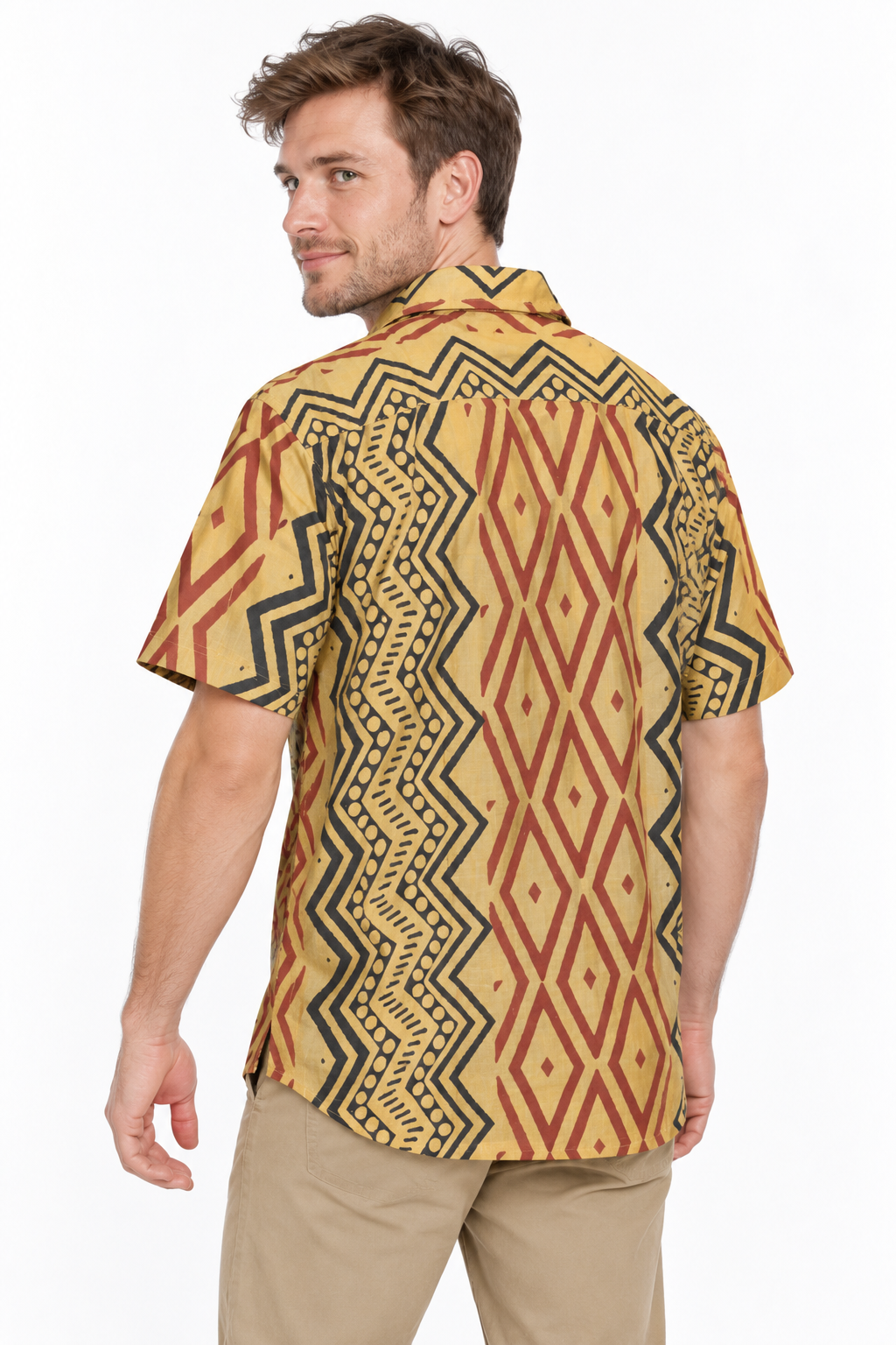 Golden Tribal Diamonds men's Hawaiian shirt — model three-quarter back