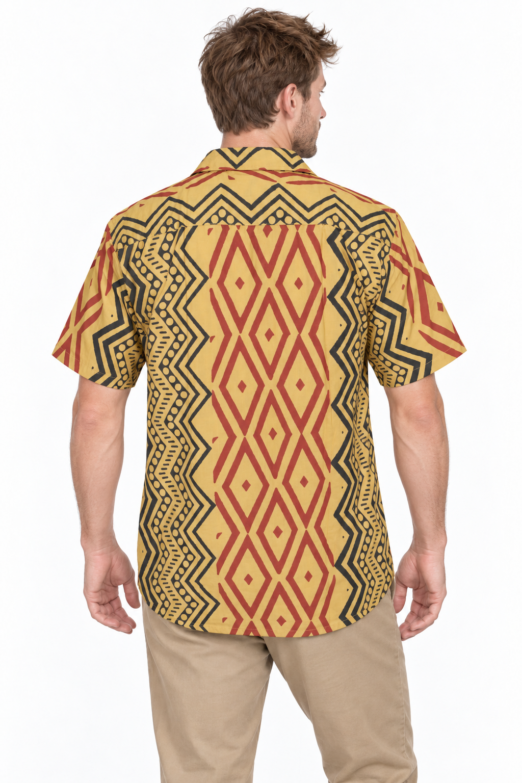 Golden Tribal Diamonds men's Hawaiian shirt — model back