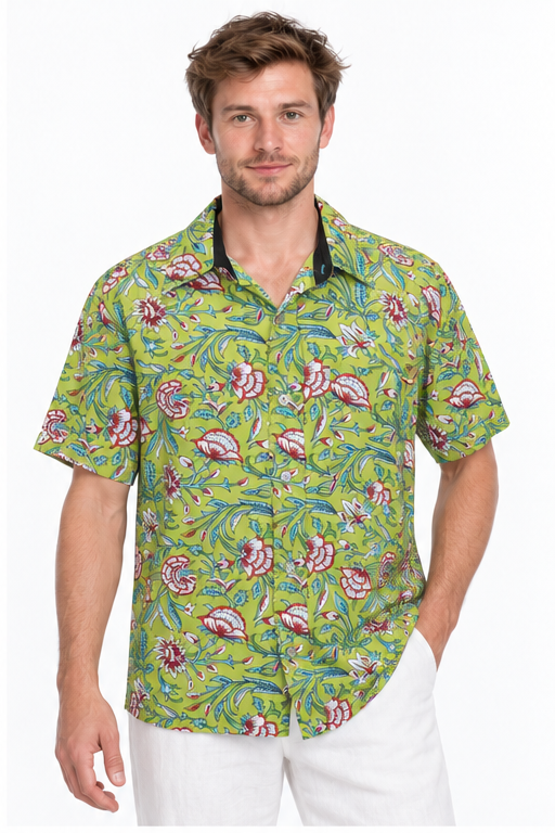 Lime Paisley Garden men's Hawaiian shirt — model front