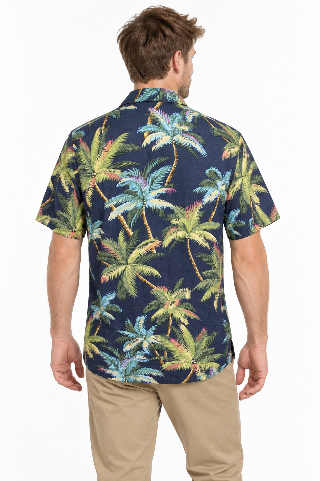 Midnight Palm Trees men's Hawaiian shirt — model back