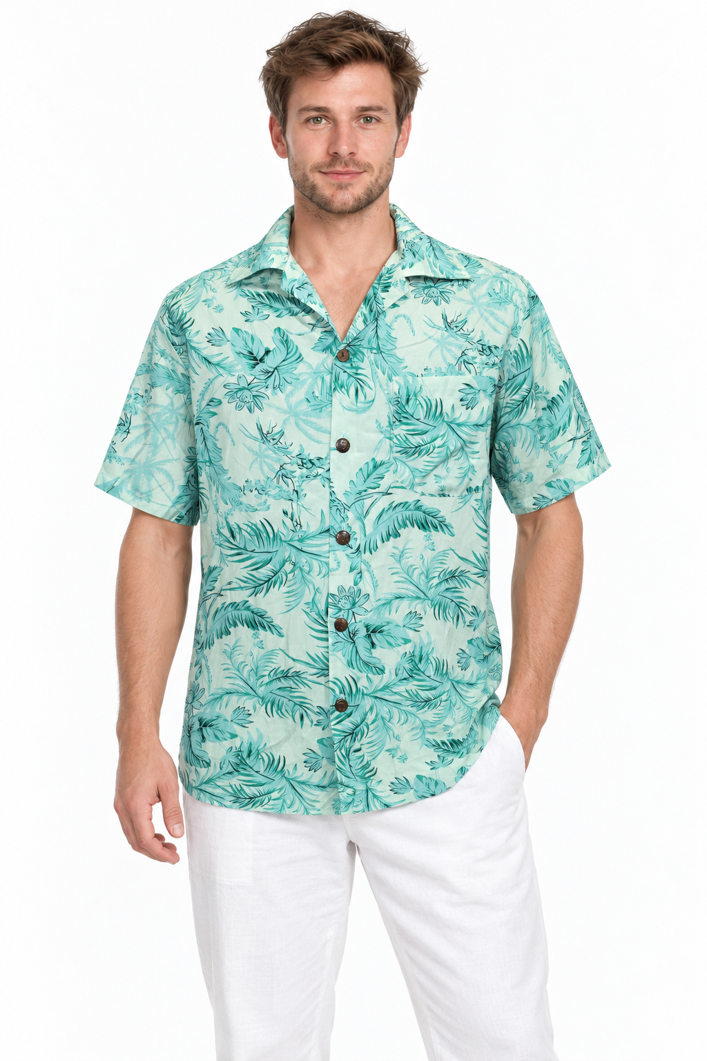 Mint Jungle Foliage men's Hawaiian shirt — model front