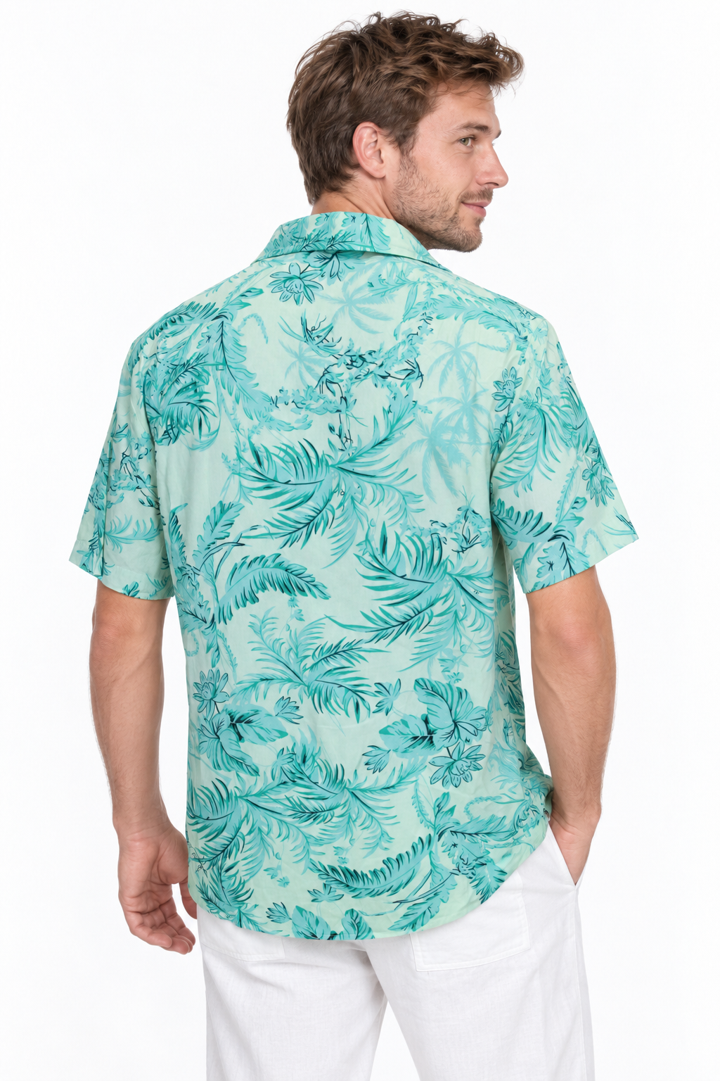 Mint Jungle Foliage men's Hawaiian shirt — model three-quarter back