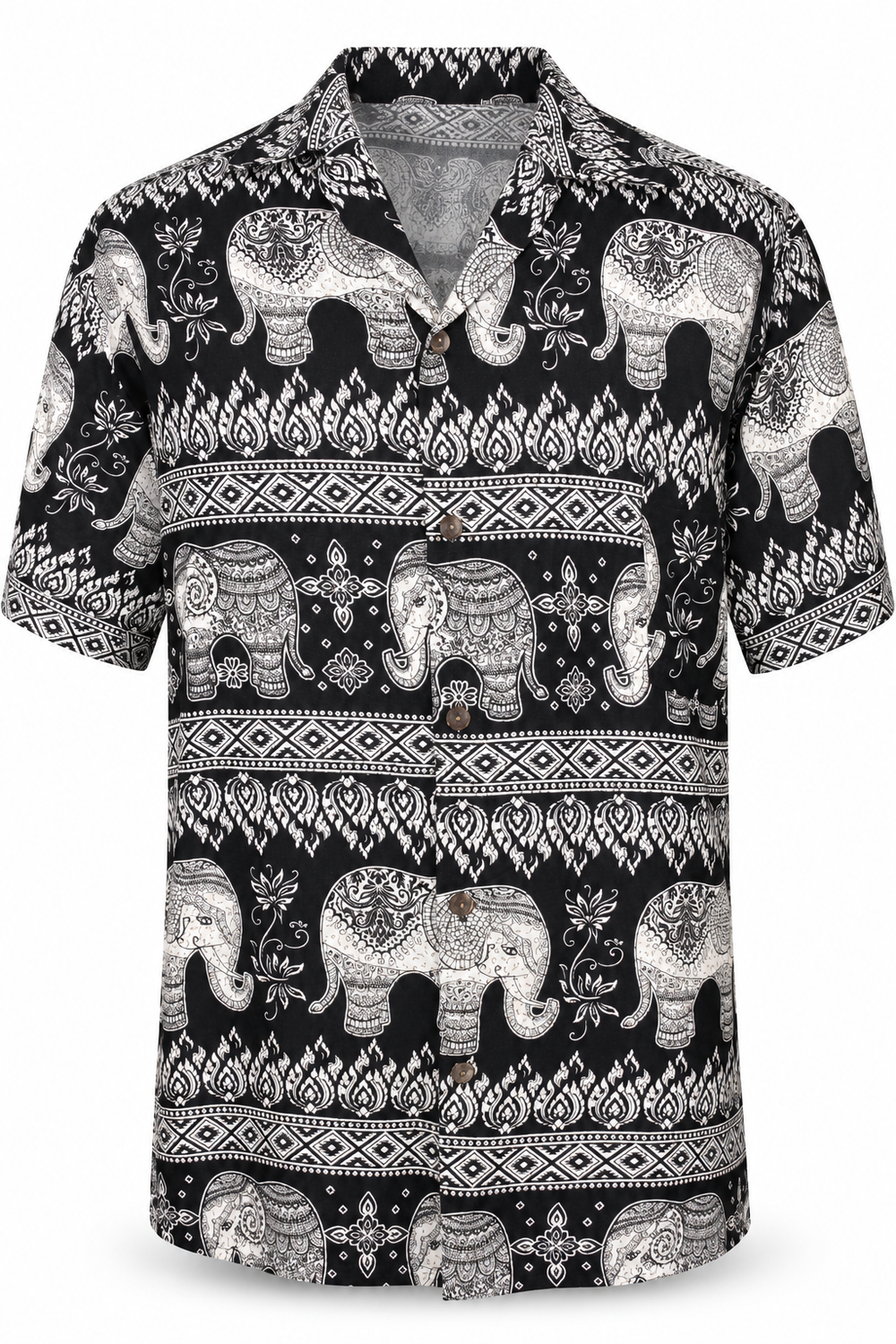 Monochrome Elephant Parade men's Hawaiian shirt — ghost mannequin front