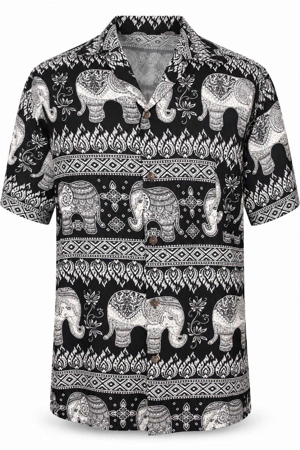 Monochrome Elephant Parade men's Hawaiian shirt — ghost mannequin front