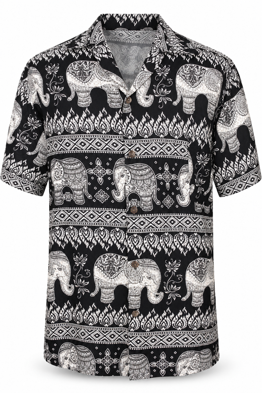 Monochrome Elephant Parade men's Hawaiian shirt — ghost mannequin front