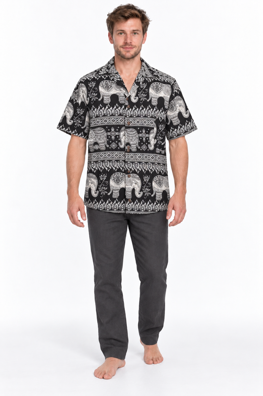 Monochrome Elephant Parade men's Hawaiian shirt — model front