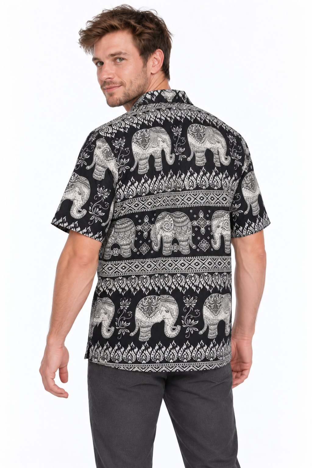 Monochrome Elephant Parade men's Hawaiian shirt — model three-quarter back