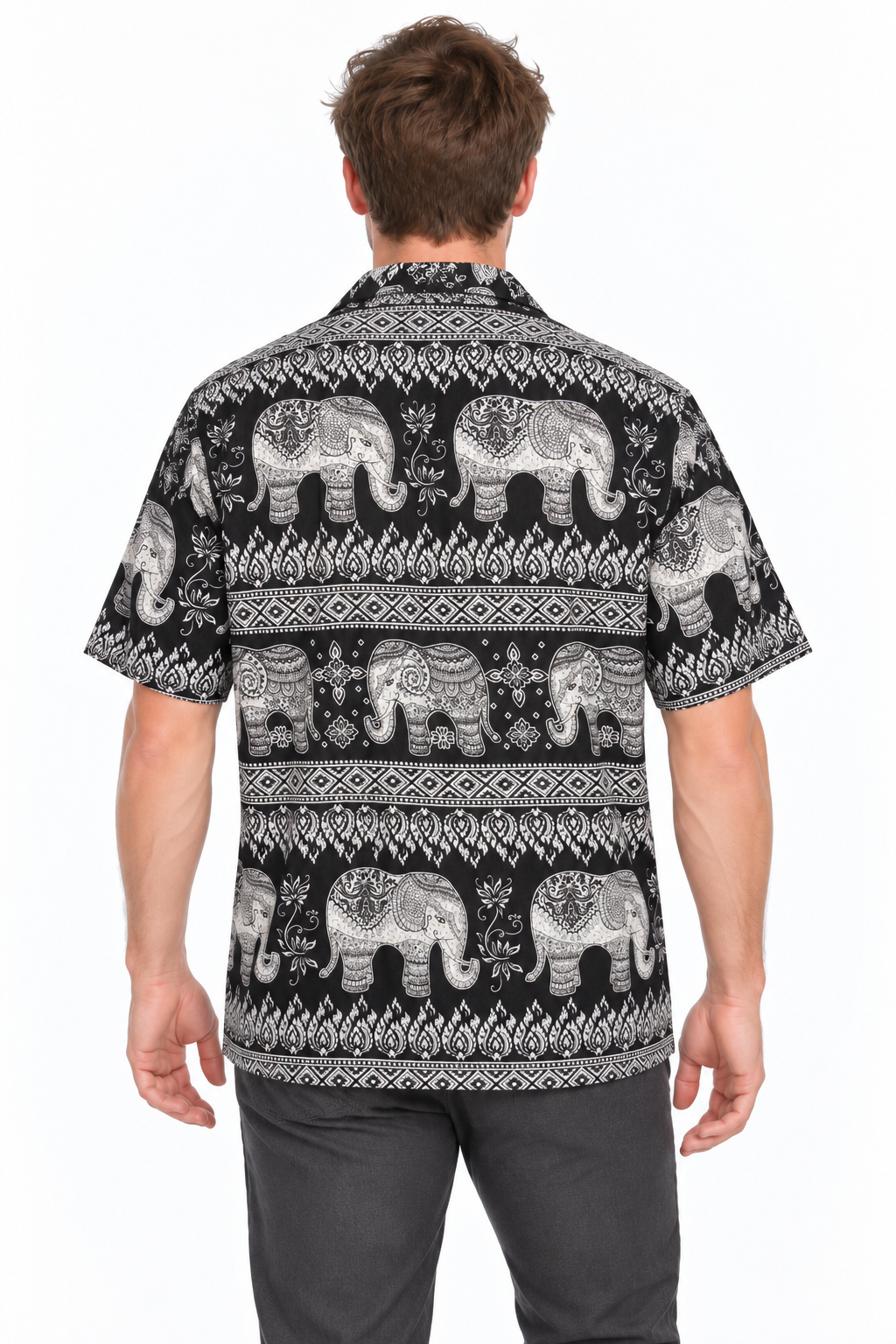 Monochrome Elephant Parade men's Hawaiian shirt — model back