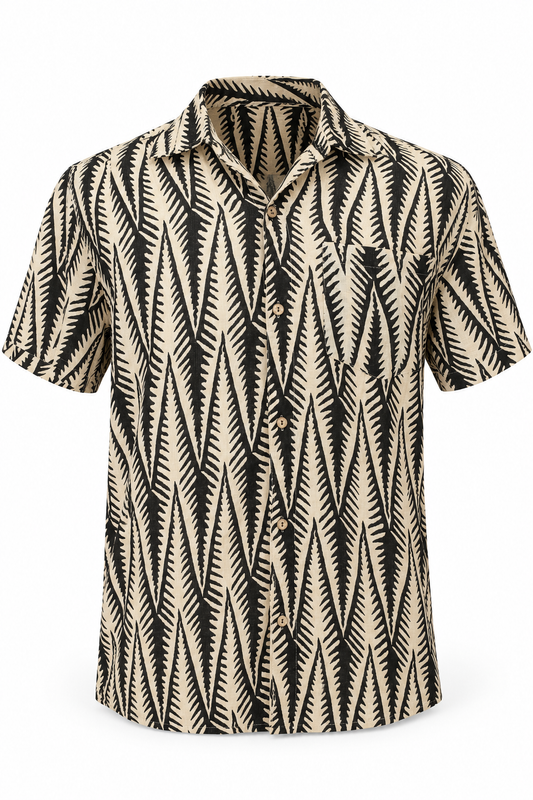 Monochrome Fern Leaves men's Hawaiian shirt — ghost mannequin front