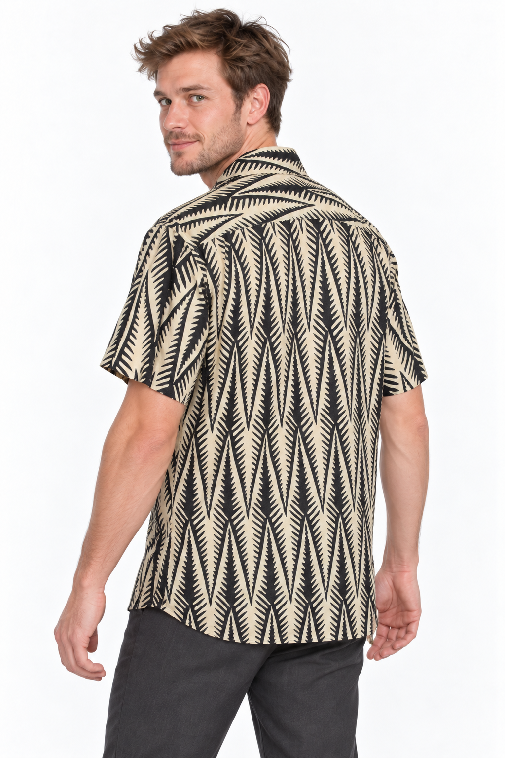 Monochrome Fern Leaves men's Hawaiian shirt — model three-quarter back