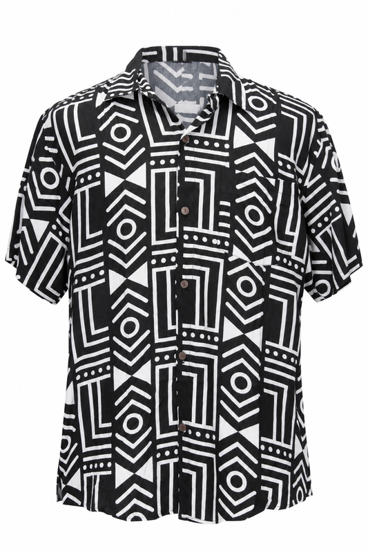 Monochrome Maze men's Hawaiian shirt — ghost mannequin front