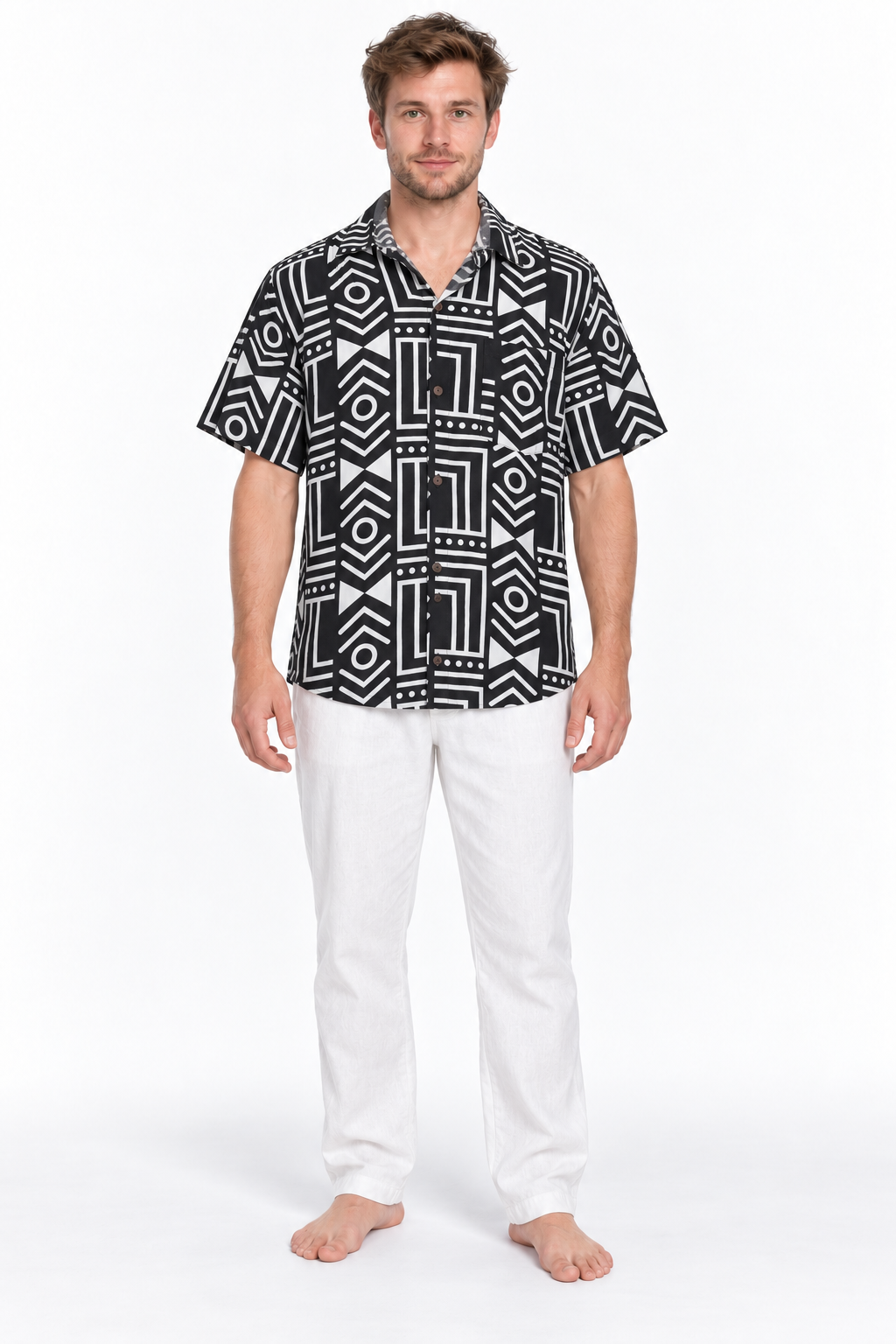 Monochrome Maze men's Hawaiian shirt — model front