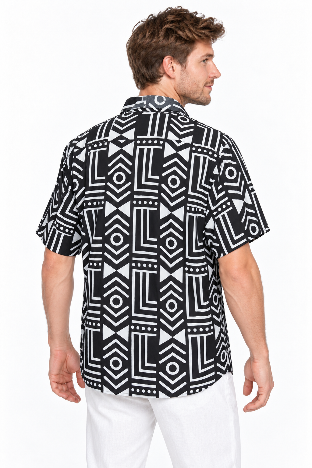 Monochrome Maze men's Hawaiian shirt — model three-quarter back