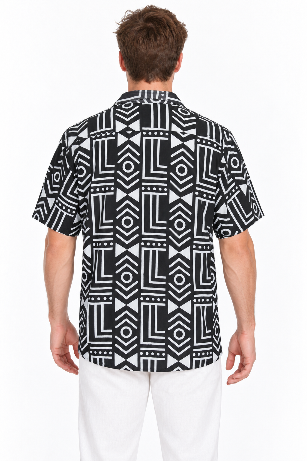 Monochrome Maze men's Hawaiian shirt — model back