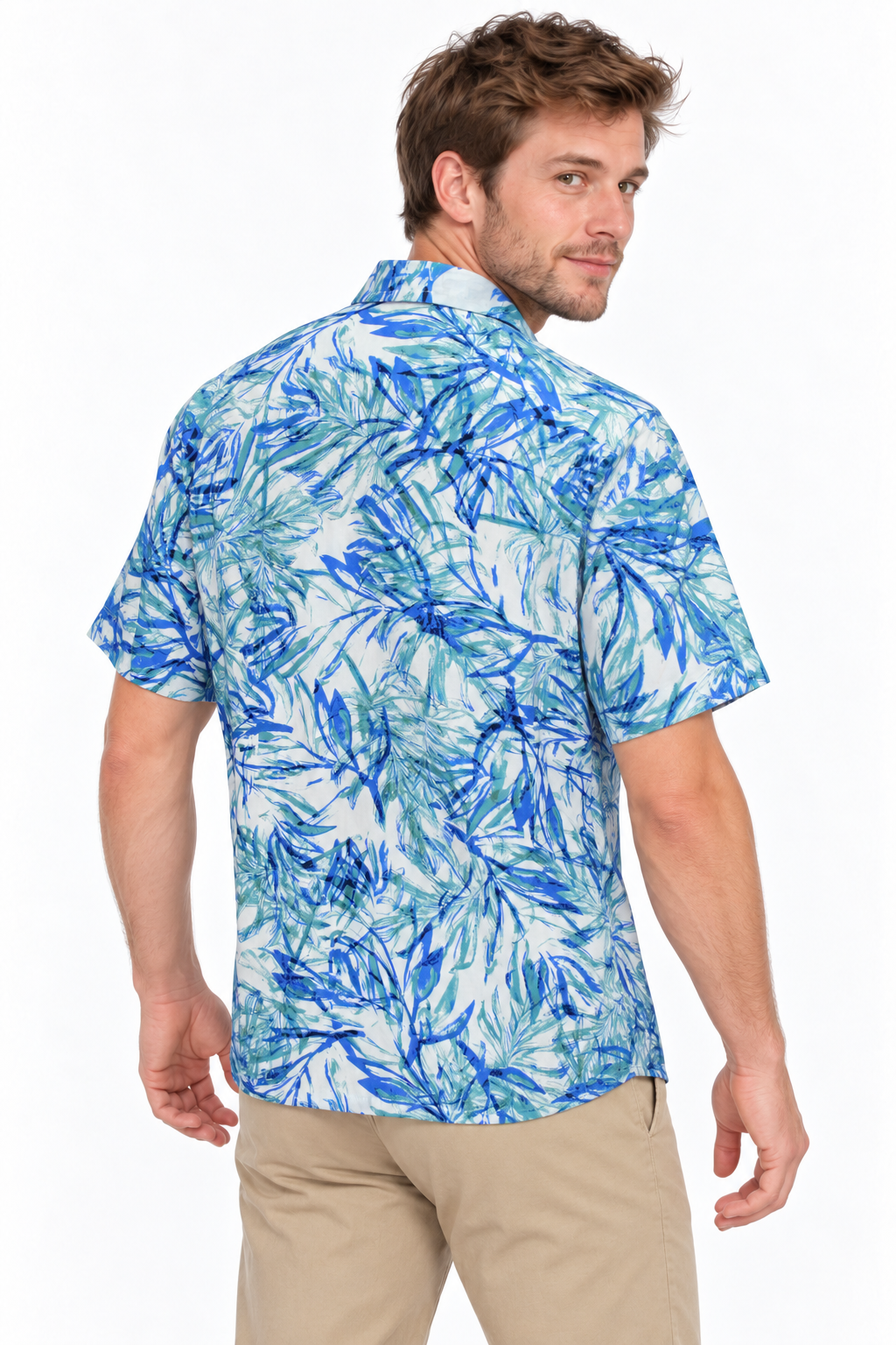 Ocean Bamboo Leaves men's Hawaiian shirt — model three-quarter back