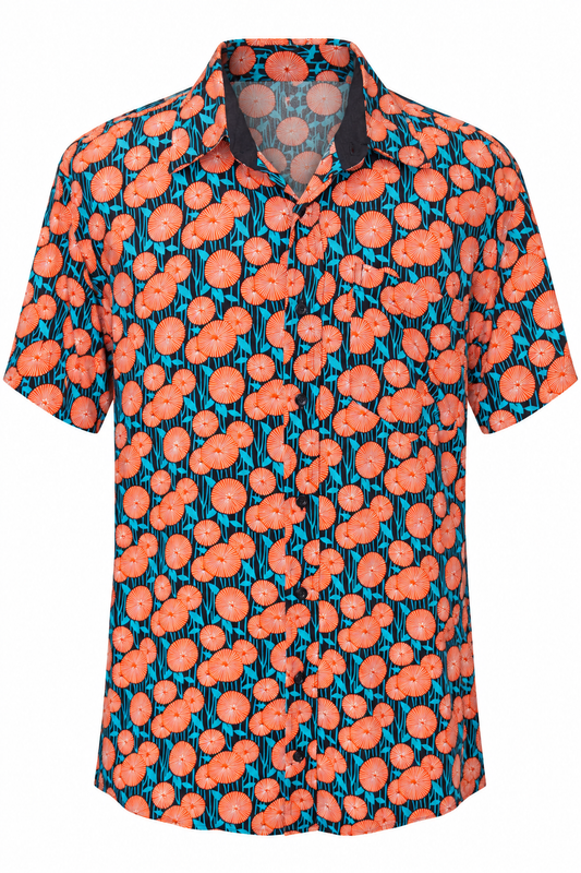 Orange Blossom Garden men's Hawaiian shirt — ghost mannequin front