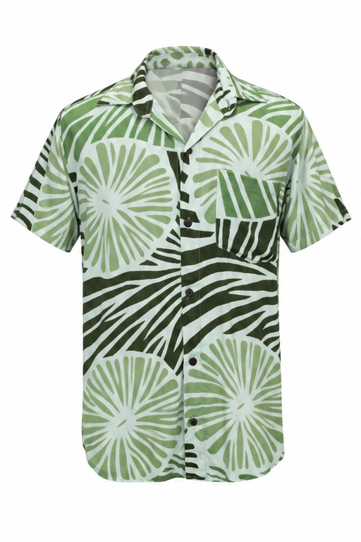Palm Fans and Zebra Leaves men's Hawaiian shirt — ghost mannequin front