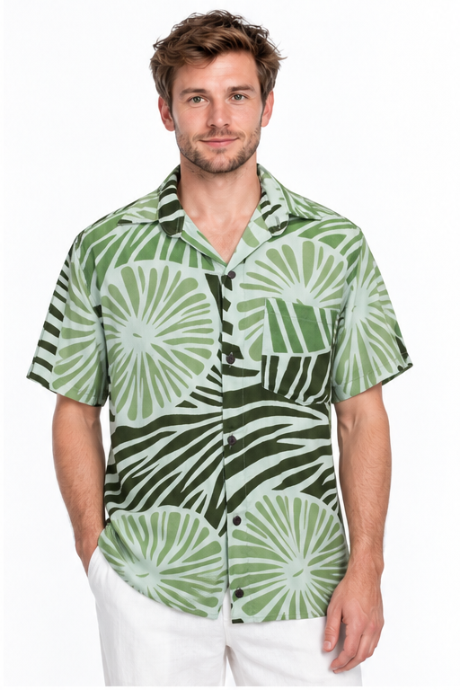 Palm Fans and Zebra Leaves men's Hawaiian shirt — model front
