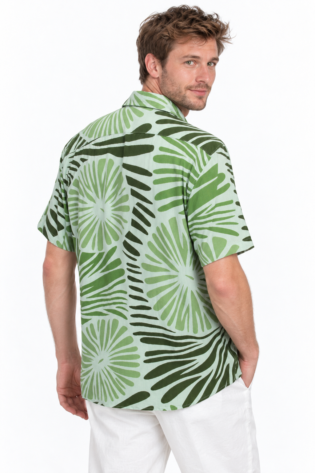 Palm Fans and Zebra Leaves men's Hawaiian shirt — model three-quarter back