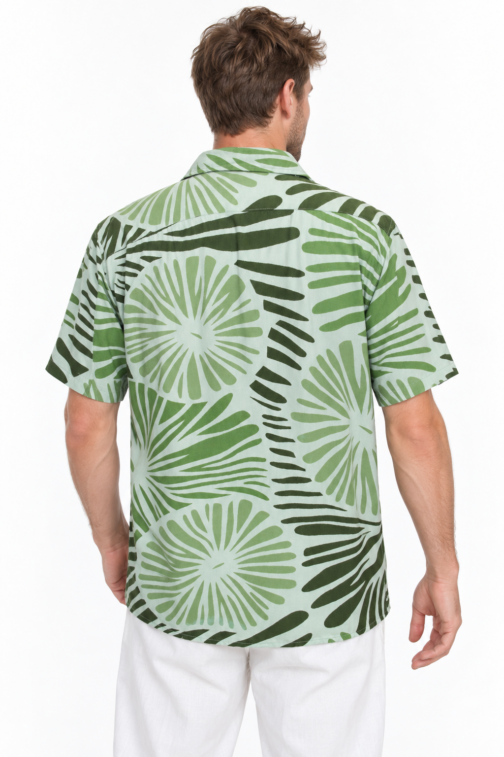 Palm Fans and Zebra Leaves men's Hawaiian shirt — model back