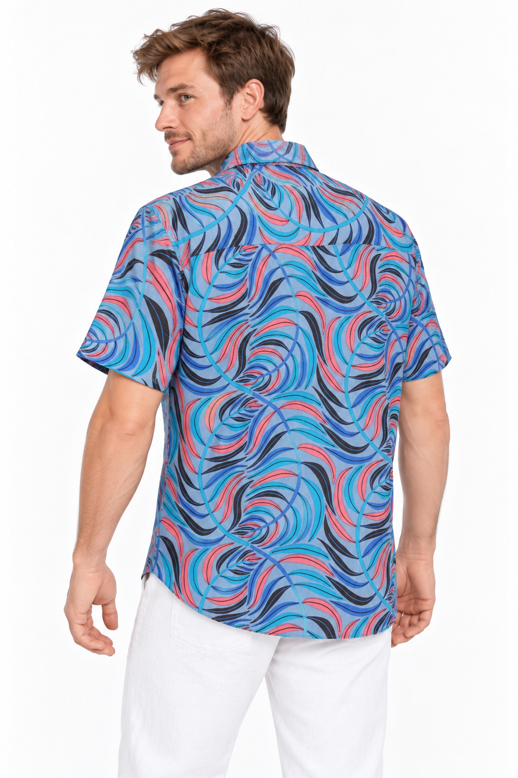 Psychedelic Ocean Waves men's Hawaiian shirt — model three-quarter back