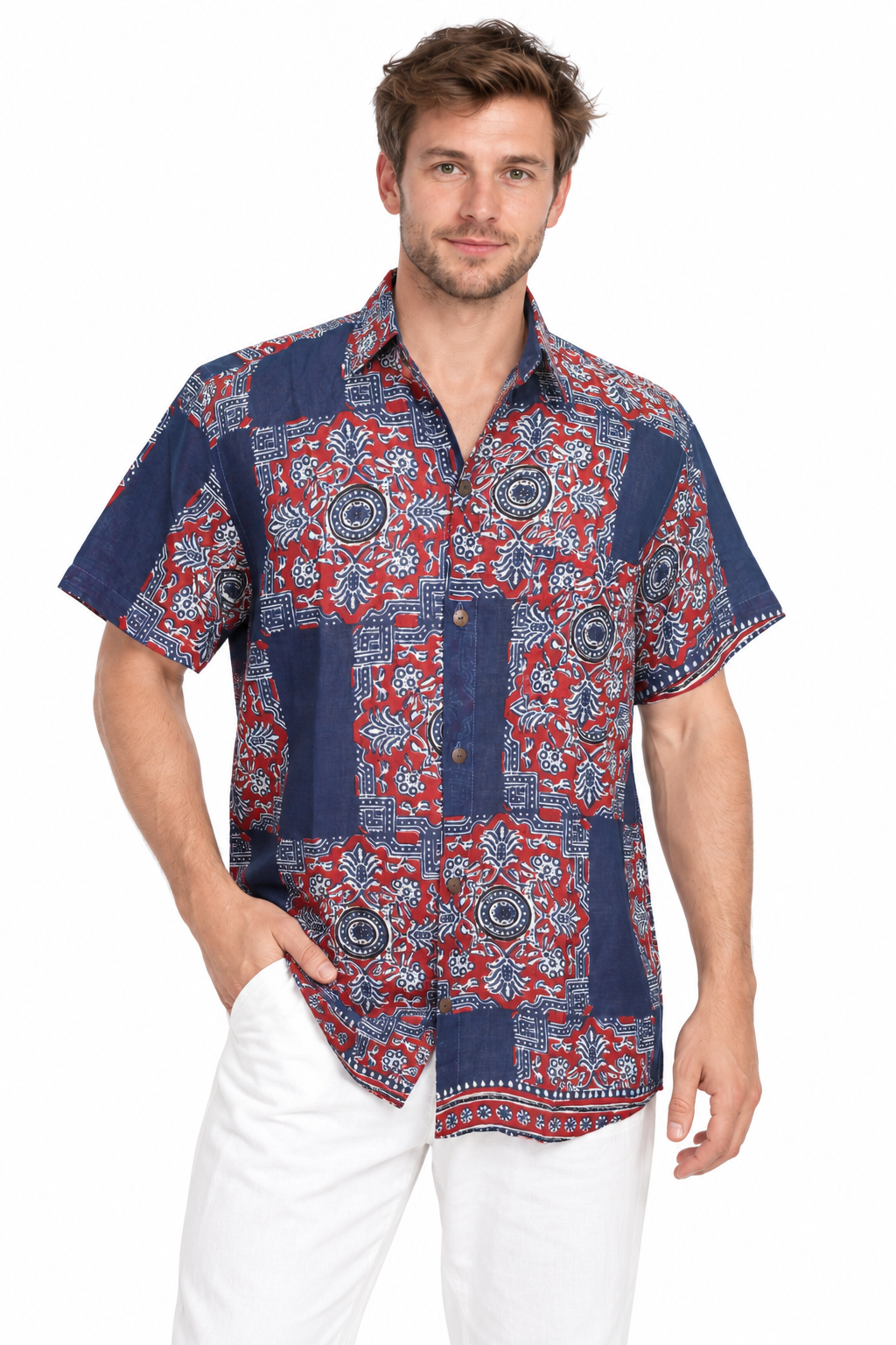 Red Mandala Patchwork men's Hawaiian shirt — model front