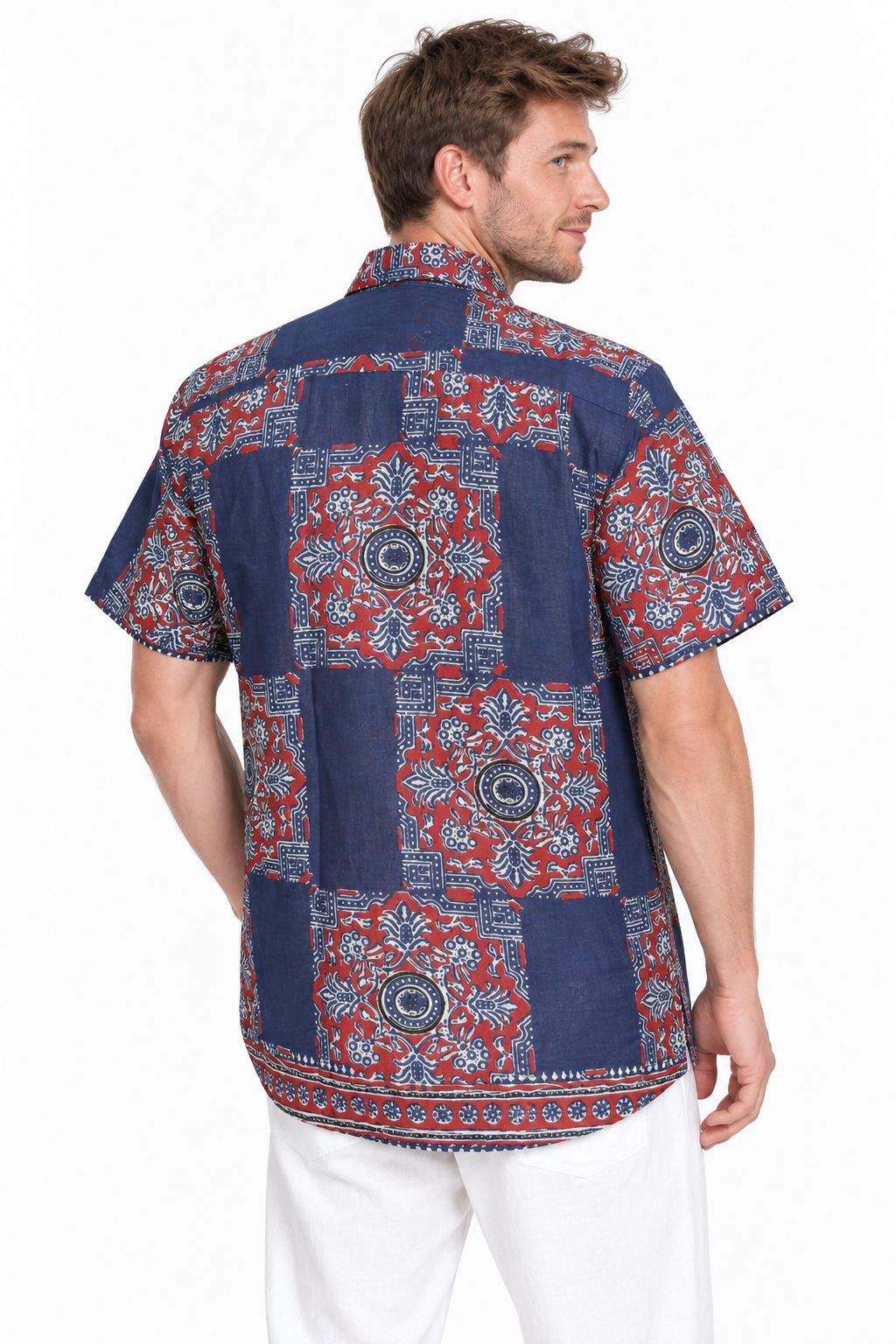 Red Mandala Patchwork men's Hawaiian shirt — model three-quarter back