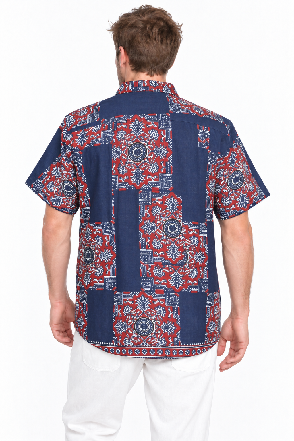 Red Mandala Patchwork men's Hawaiian shirt — model back