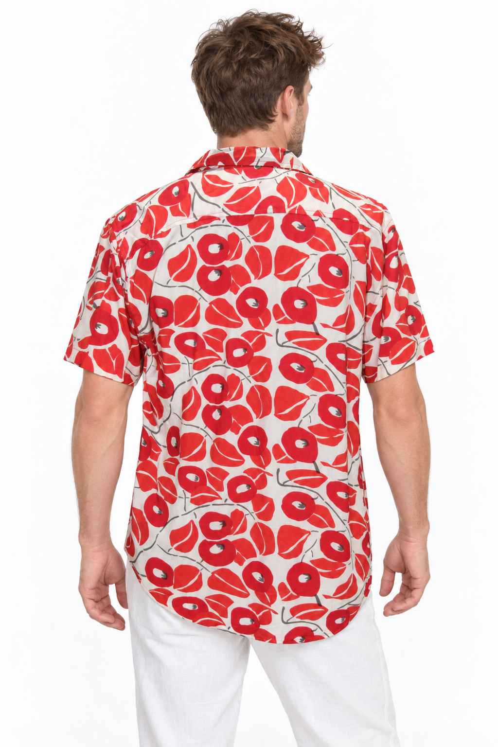 Red Tropical Leaves men's Hawaiian shirt — model back