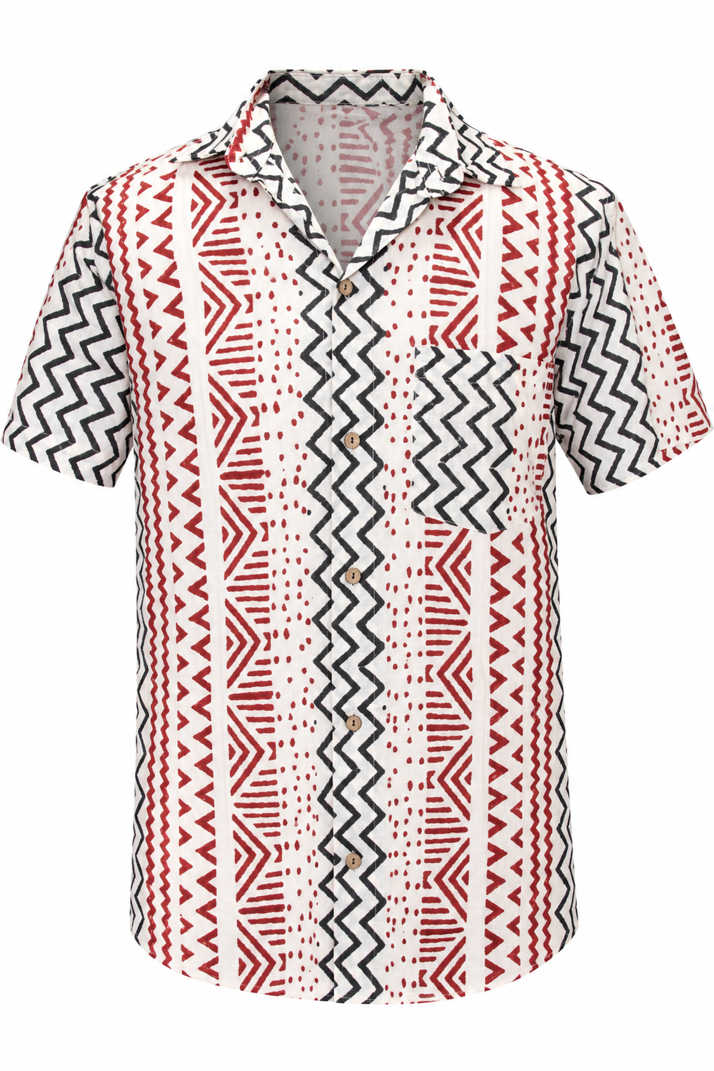Red Zigzag Tribal Stripes men's Hawaiian shirt — ghost mannequin front