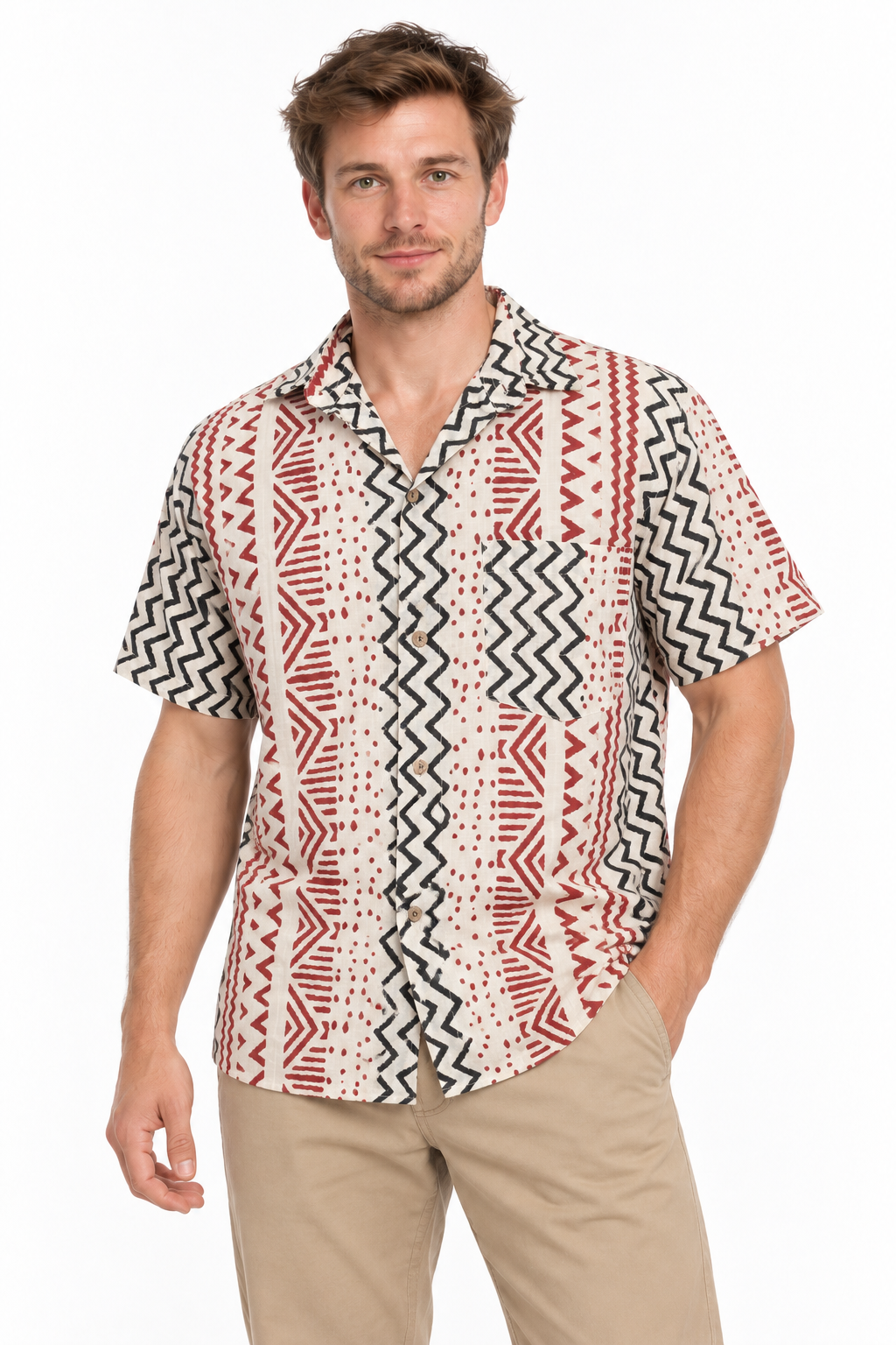 Red Zigzag Tribal Stripes men's Hawaiian shirt — model front