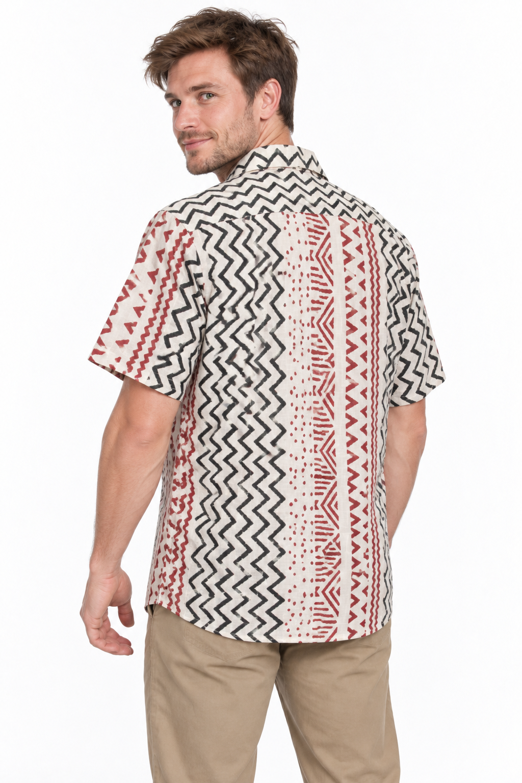 Red Zigzag Tribal Stripes men's Hawaiian shirt — model three-quarter back