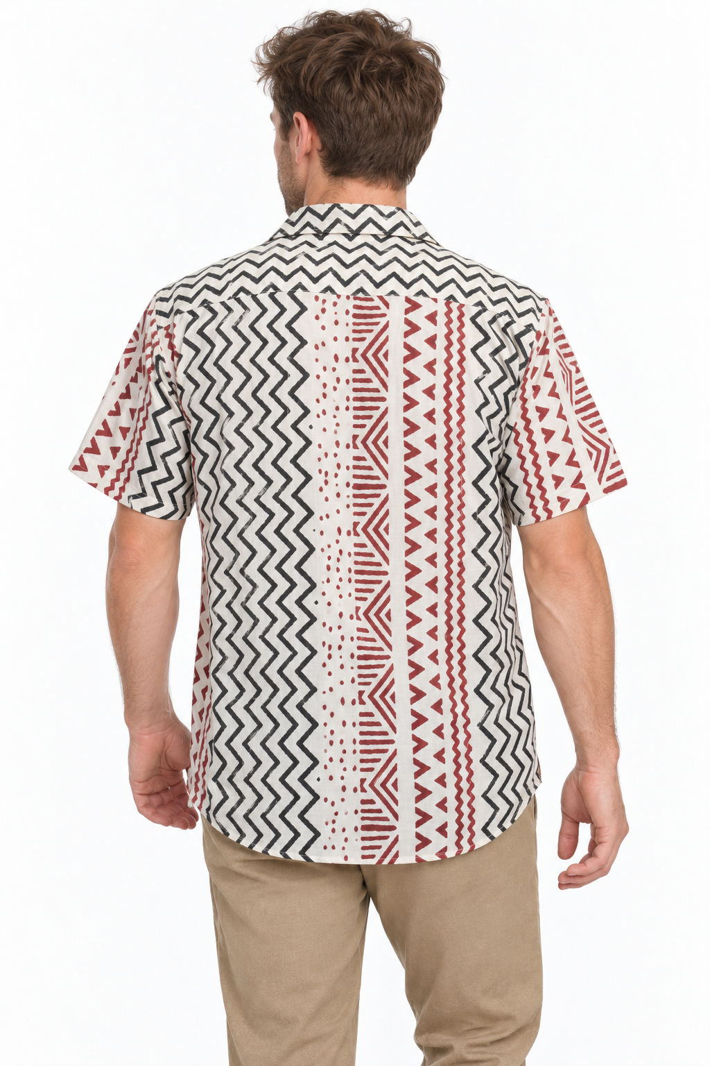 Red Zigzag Tribal Stripes men's Hawaiian shirt — model back